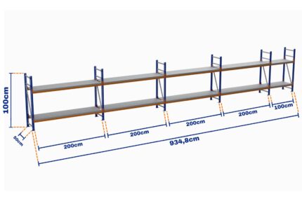 Minirack, Boyalı, 500kg, Yükseklik 1000mm, Genişlik 9348mm, 2 Kat, Kat Arası 595mm, Tavalı, Derinlik 500mm