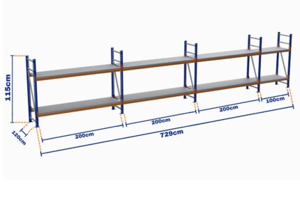 Minirack, Boyalı, 500kg, Yükseklik 1150mm, Genişlik 7290mm, 2 Kat, Kat Arası 805mm, Tavalı, Derinlik 1200mm