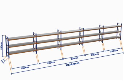 Minirack, Boyalı, 500kg, Yükseklik 1500mm, Genişlik 10348mm, 3 Kat, Kat Arası 595mm, Tavalı, Derinlik 800mm