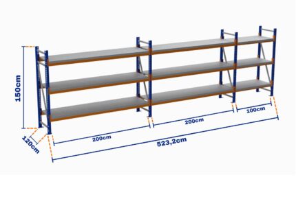 Minirack, Boyalı, 500kg, Yükseklik 1500mm, Genişlik 5232mm, 3 Kat, Kat Arası 595mm, Tavalı, Derinlik 1200mm