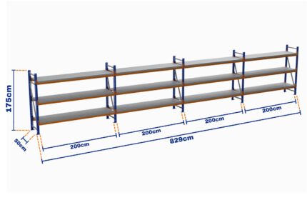 Minirack, Boyalı, 500kg, Yükseklik 1750mm, Genişlik 8290mm, 3 Kat, Kat Arası 700mm, Tavalı, Derinlik 500mm