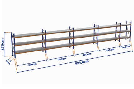 Minirack, Boyalı, 500kg, Yükseklik 1750mm, Genişlik 9348mm, 3 Kat, Kat Arası 700mm, Tavalı, Derinlik 600mm