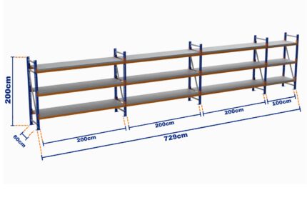 Minirack, Boyalı, 500kg, Yükseklik 2000mm, Genişlik 7290mm, 3 Kat, Kat Arası 805mm, Tavalı, Derinlik 600mm