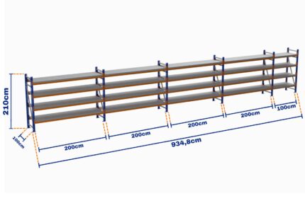 Minirack, Boyalı, 500kg, Yükseklik 2100mm, Genişlik 9348mm, 4 Kat, Kat Arası 595mm, Tavalı, Derinlik 1000mm