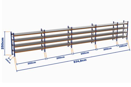 Minirack, Boyalı, 500kg, Yükseklik 2500mm, Genişlik 9348mm, 4 Kat, Kat Arası 700mm, Tavalı, Derinlik 1000mm