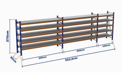 Minirack, Boyalı, 500kg, Yükseklik 2700mm, Genişlik 5232mm, 5 Kat, Kat Arası 595mm, Tavalı, Derinlik 800mm