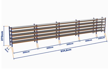 Minirack, Boyalı, 500kg, Yükseklik 2700mm, Genişlik 9348mm, 5 Kat, Kat Arası 595mm, Tavalı, Derinlik 600mm